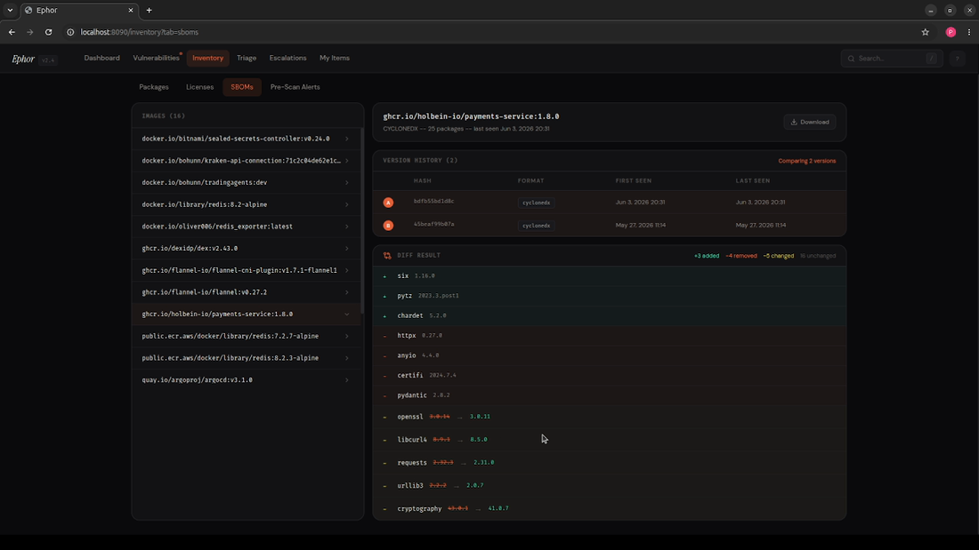 Fleet-wide package search and an SBOM version diff in the Ephor dashboard